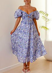 French Purple V Neck Print Cotton Dress Puff Sleeve