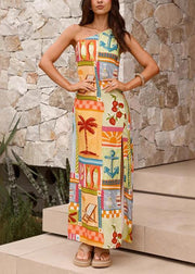 French Rainbow One Shoulder Print Long Dresses Summer