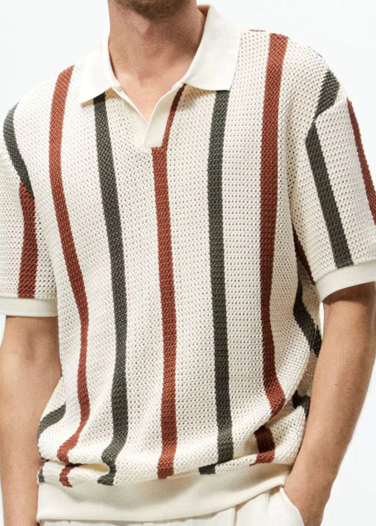 French Rainbow Striped Hollow Out Knit Graphic Tees Men Summer