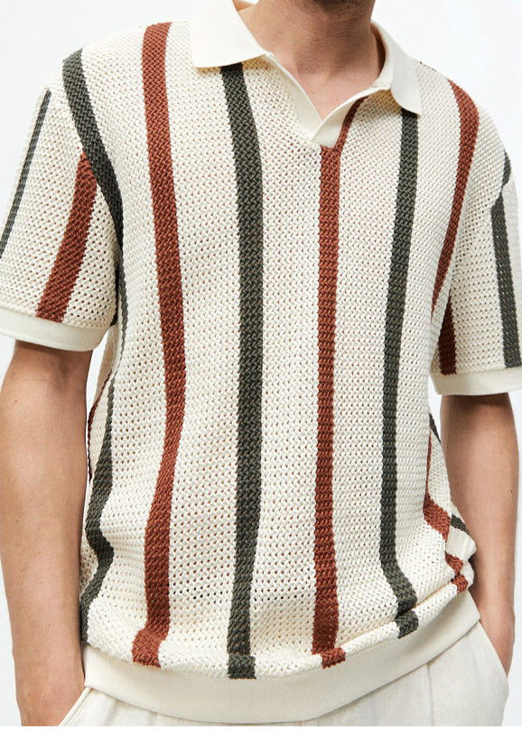 French Rainbow Striped Hollow Out Knit Graphic Tees Men Summer