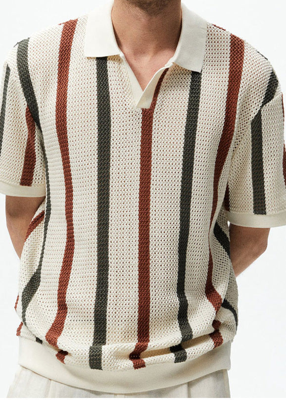 French Rainbow Striped Hollow Out Knit Graphic Tees Men Summer