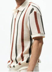 French Rainbow Striped Hollow Out Knit Graphic Tees Men Summer