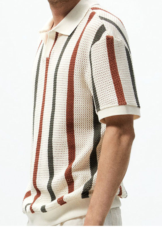 French Rainbow Striped Hollow Out Knit Graphic Tees Men Summer
