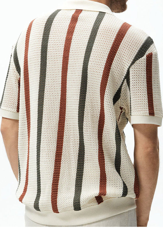 French Rainbow Striped Hollow Out Knit Graphic Tees Men Summer