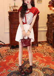 French Red Asymmetrical Patchwork Lace Tank Tops Summer