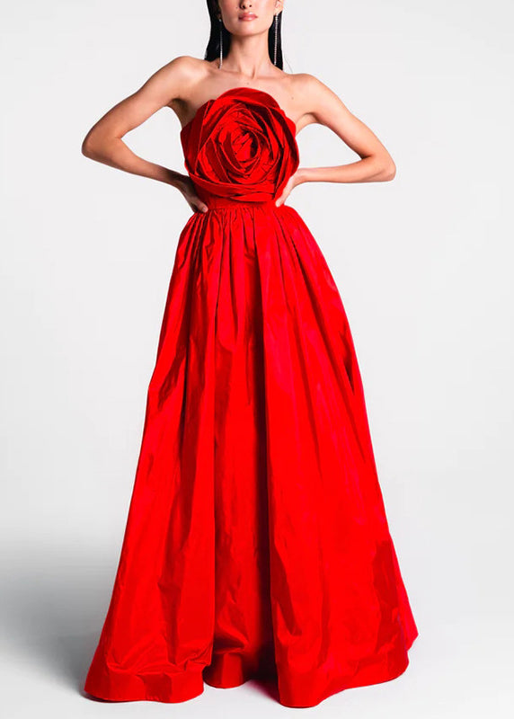 French Red Cold Shoulder Patchwork Rose Holiday Maxi Dress Summer