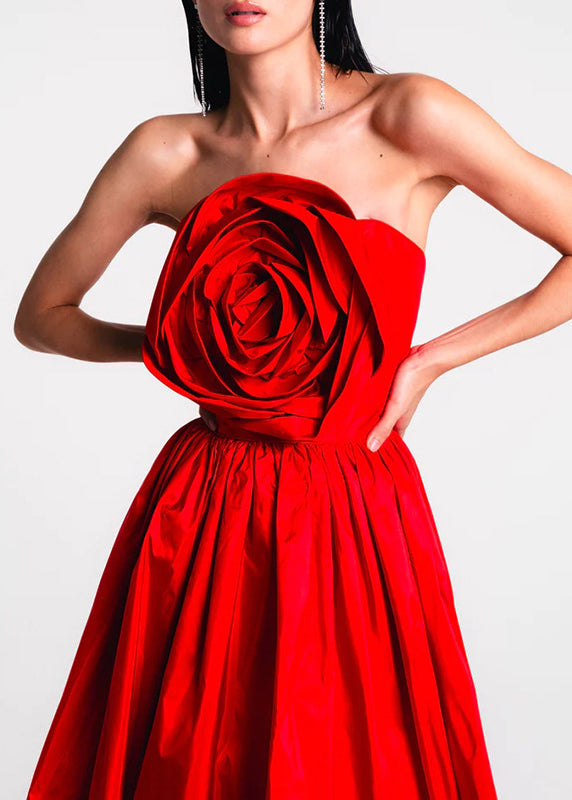 French Red Cold Shoulder Patchwork Rose Holiday Maxi Dress Summer