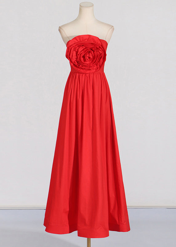 French Red Cold Shoulder Patchwork Rose Holiday Maxi Dress Summer