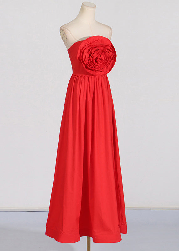 French Red Cold Shoulder Patchwork Rose Holiday Maxi Dress Summer