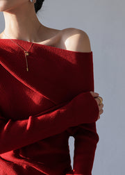 French Red Cold Shoulder Silm Fit Knit Tops Spring