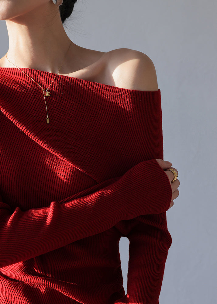French Red Cold Shoulder Silm Fit Knit Tops Spring