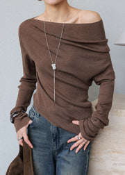 French Red Cold Shoulder Silm Fit Knit Tops Spring