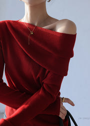French Red Cold Shoulder Silm Fit Knit Tops Spring
