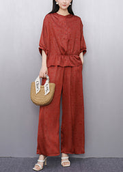 French Red Dot Tops And Wide Leg Pants Cotton Two Pieces Set Half Sleeve