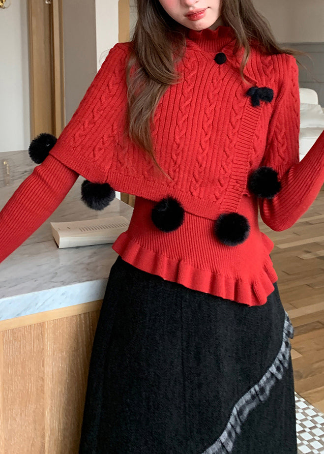 French Red Fuzzy Ball Decorated Cotton Knit Cloak And Sweaters Two-Piece Set Fall
