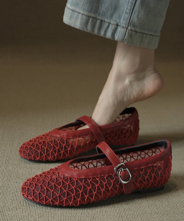 French Red Hollow Out Breathable Sheepskin Walking Sandals