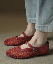 French Red Hollow Out Breathable Sheepskin Walking Sandals