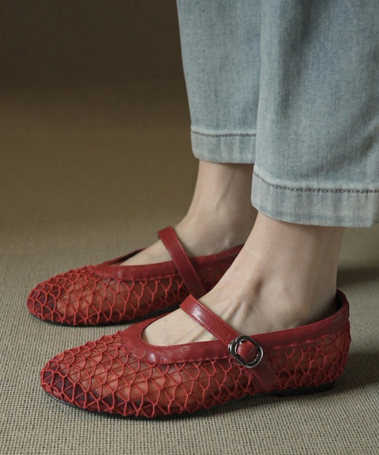 French Red Hollow Out Breathable Sheepskin Walking Sandals
