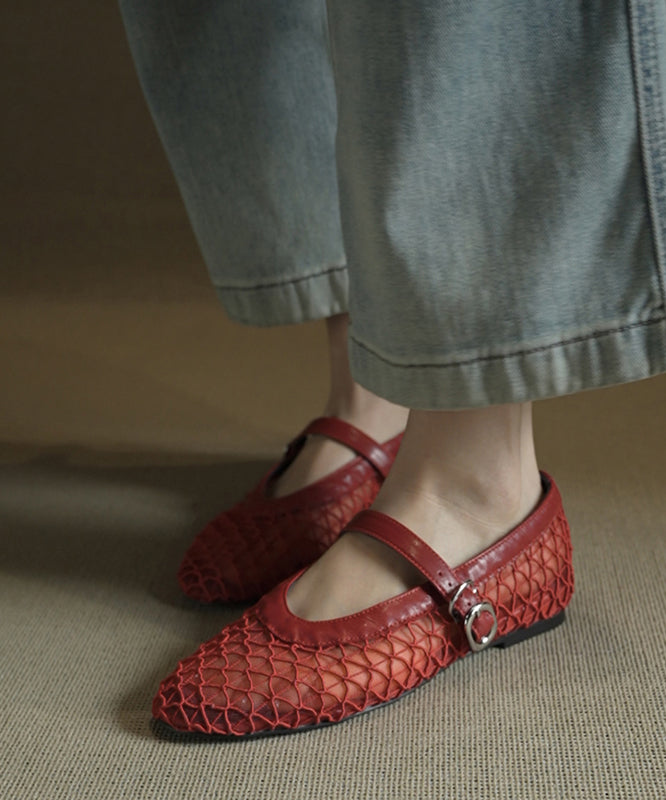French Red Hollow Out Breathable Sheepskin Walking Sandals