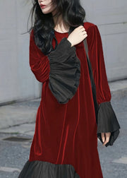 French Red O-Neck Patchwork Silk Velvet Long Dress Flare Sleeve