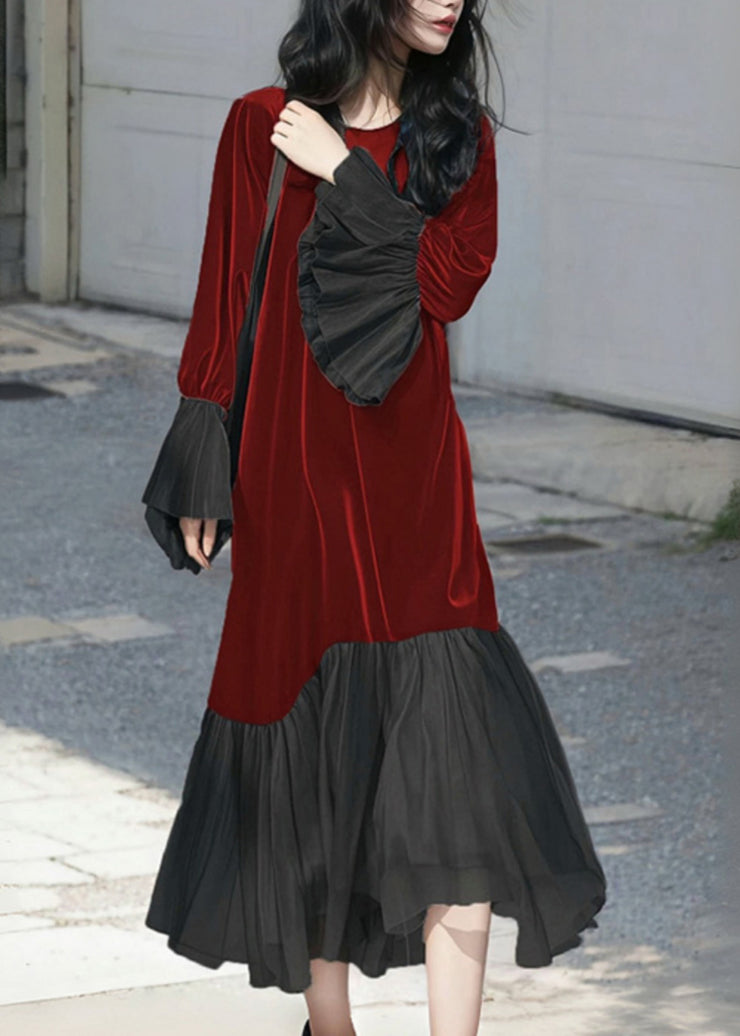 French Red O-Neck Patchwork Silk Velvet Long Dress Flare Sleeve