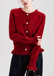 French Red O Neck Ruffled Bow Knit Cardigans Winter