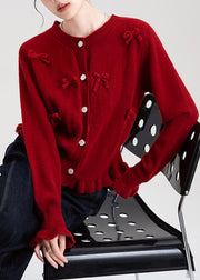 French Red O Neck Ruffled Bow Knit Cardigans Winter