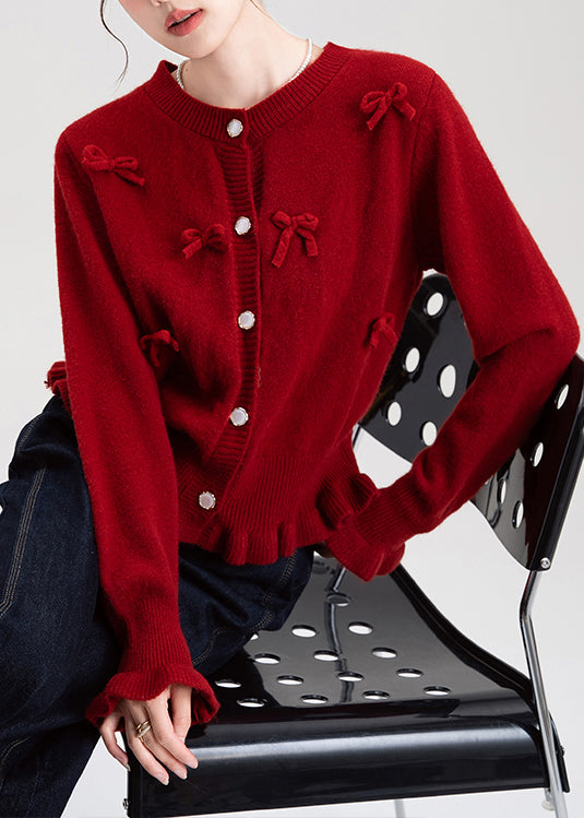 French Red O Neck Ruffled Bow Knit Cardigans Winter