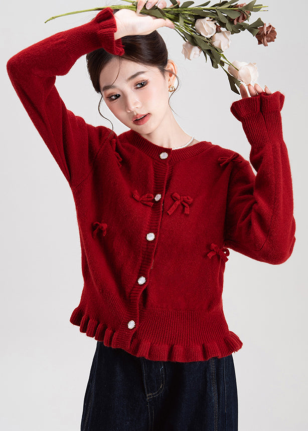 French Red O Neck Ruffled Bow Knit Cardigans Winter