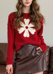 French Red O Neck Thick Floral Knit Sweaters Winter
