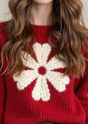 French Red O Neck Thick Floral Knit Sweaters Winter