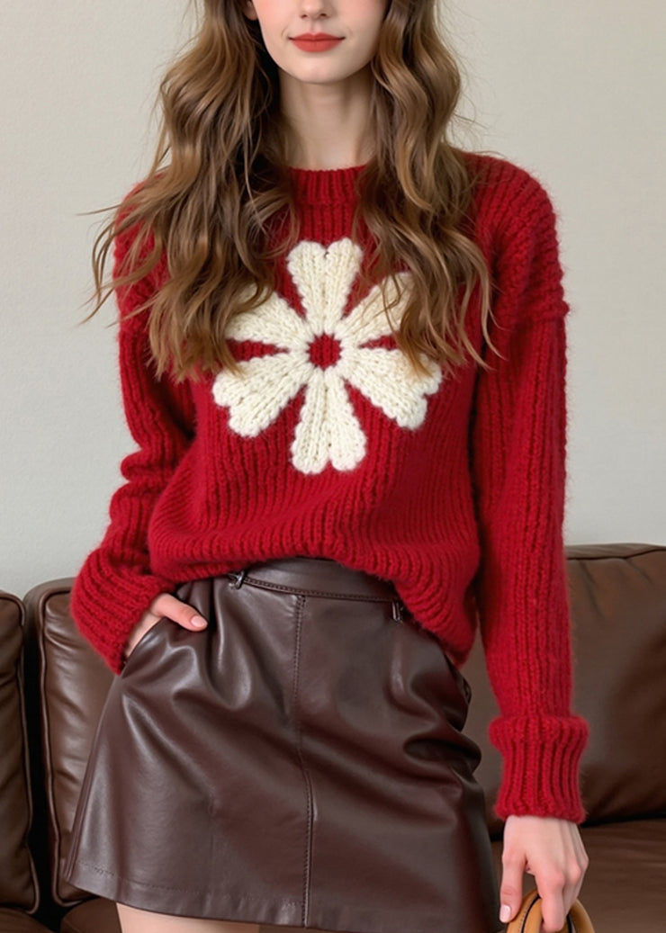 French Red O Neck Thick Floral Knit Sweaters Winter