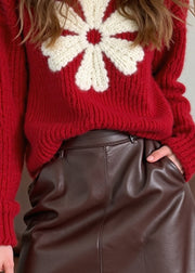 French Red O Neck Thick Floral Knit Sweaters Winter