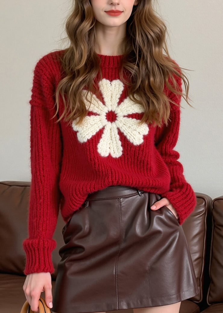 French Red O Neck Thick Floral Knit Sweaters Winter
