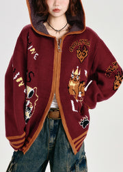 French Red Oversized Animal Jacquard Knit Hoodies Outwear Spring