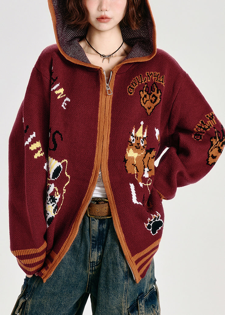 French Red Oversized Animal Jacquard Knit Hoodies Outwear Spring