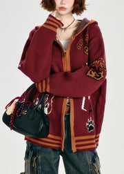 French Red Oversized Animal Jacquard Knit Hoodies Outwear Spring