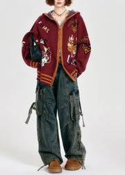 French Red Oversized Animal Jacquard Knit Hoodies Outwear Spring