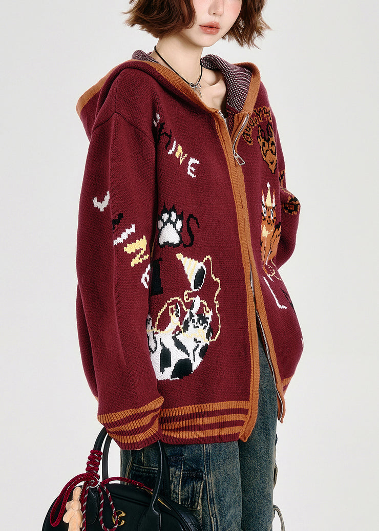 French Red Oversized Animal Jacquard Knit Hoodies Outwear Spring