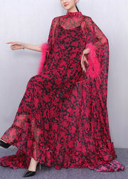 French Red Oversized Print Chiffon Eyelash Dresses Two Piece Set Summer