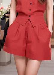 French Red Peter Pan Collar Button Cotton Two-Piece Set Summer