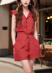 French Red Peter Pan Collar Button Cotton Two-Piece Set Summer