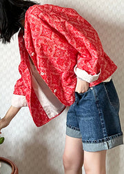 French Red Print Button Cotton Coats Fall