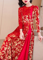 French Red Print Hollow Out Wrinkled Silk Velvet Long Dresses Fall