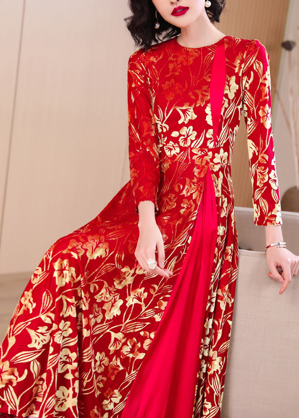 French Red Print Hollow Out Wrinkled Silk Velvet Long Dresses Fall