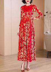 French Red Print Hollow Out Wrinkled Silk Velvet Long Dresses Fall