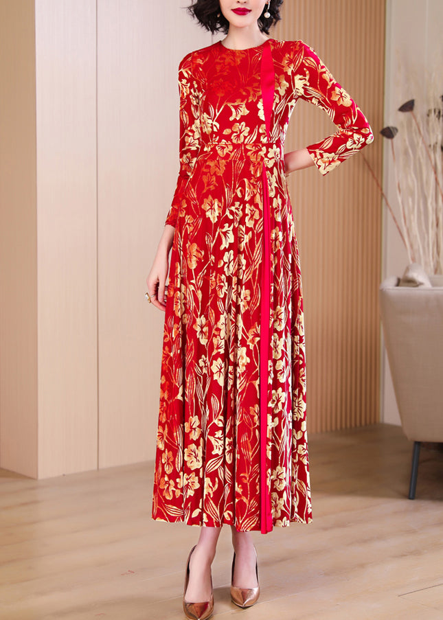 French Red Print Hollow Out Wrinkled Silk Velvet Long Dresses Fall