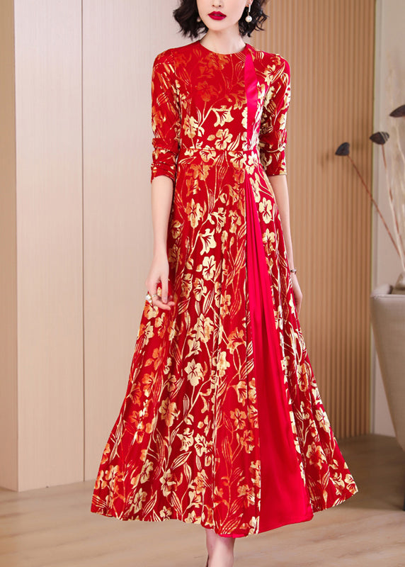French Red Print Hollow Out Wrinkled Silk Velvet Long Dresses Fall
