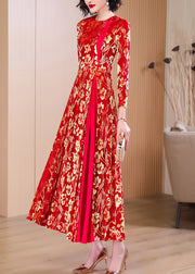 French Red Print Hollow Out Wrinkled Silk Velvet Long Dresses Fall