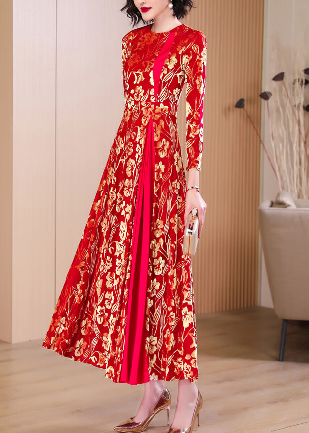 French Red Print Hollow Out Wrinkled Silk Velvet Long Dresses Fall